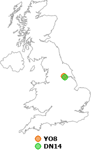 map showing distance between YO8 and DN14