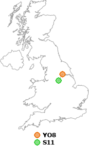map showing distance between YO8 and S11