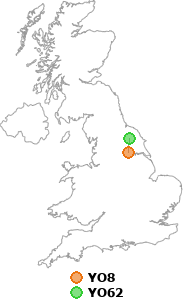 map showing distance between YO8 and YO62