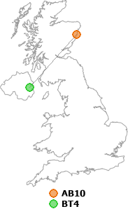 map showing distance between AB10 and BT4