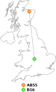 map showing distance between AB55 and B16
