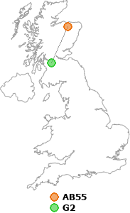map showing distance between AB55 and G2