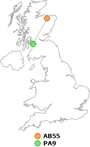 map showing distance between AB55 and PA9