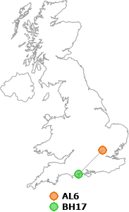 map showing distance between AL6 and BH17