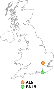 map showing distance between AL6 and BN15