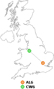 map showing distance between AL6 and CW6