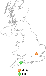 map showing distance between AL6 and EX5