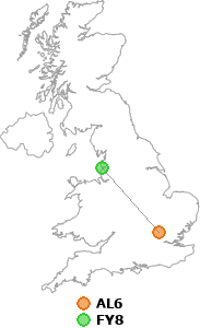 map showing distance between AL6 and FY8