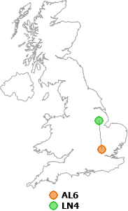 map showing distance between AL6 and LN4