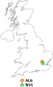 map showing distance between AL6 and N21