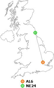 map showing distance between AL6 and NE24