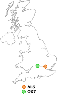 map showing distance between AL6 and OX7