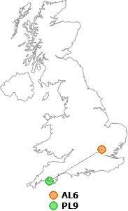 map showing distance between AL6 and PL9