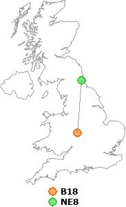 map showing distance between B18 and NE8