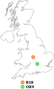 map showing distance between B18 and OX4