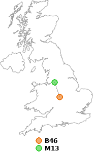 map showing distance between B46 and M13