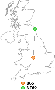 map showing distance between B65 and NE69
