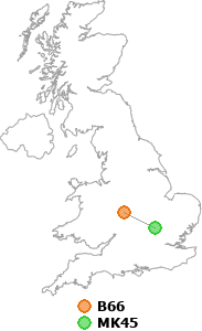 map showing distance between B66 and MK45