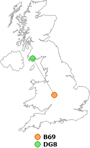 map showing distance between B69 and DG8