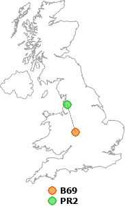 map showing distance between B69 and PR2
