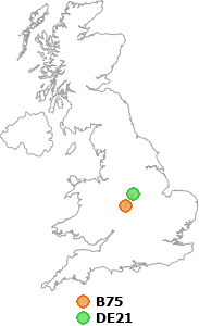 map showing distance between B75 and DE21