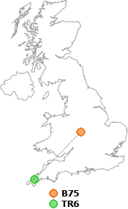 map showing distance between B75 and TR6