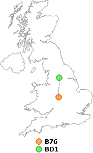 map showing distance between B76 and BD1