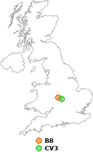 map showing distance between B8 and CV3
