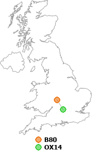map showing distance between B80 and OX14