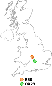 map showing distance between B80 and OX29