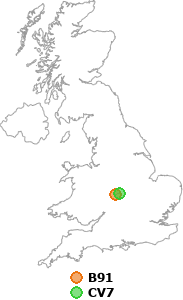 map showing distance between B91 and CV7