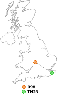 map showing distance between B98 and TN23