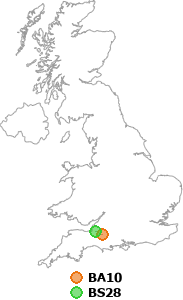 map showing distance between BA10 and BS28