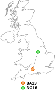 map showing distance between BA13 and NG18