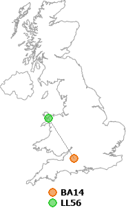 map showing distance between BA14 and LL56