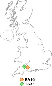 map showing distance between BA16 and TA23