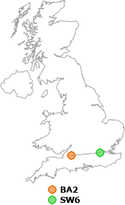 map showing distance between BA2 and SW6