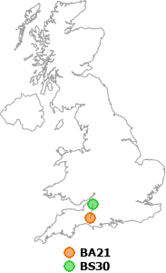 map showing distance between BA21 and BS30