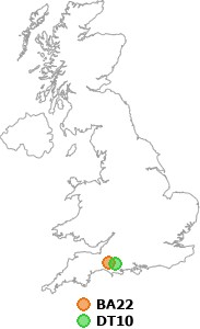 map showing distance between BA22 and DT10