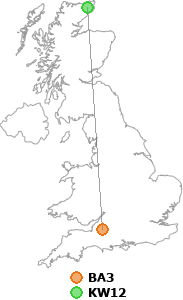 map showing distance between BA3 and KW12