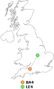 map showing distance between BA4 and LE4