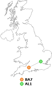 map showing distance between BA7 and AL1
