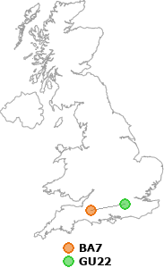 map showing distance between BA7 and GU22