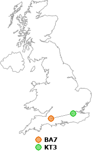 map showing distance between BA7 and KT3