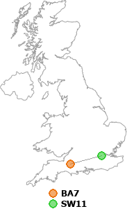 map showing distance between BA7 and SW11
