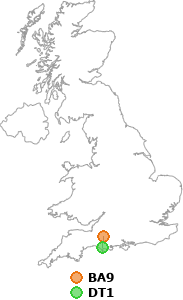 map showing distance between BA9 and DT1