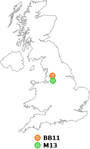 map showing distance between BB11 and M13