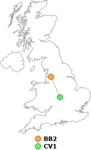 map showing distance between BB2 and CV1