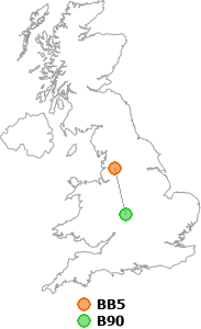 map showing distance between BB5 and B90