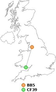 map showing distance between BB5 and CF39